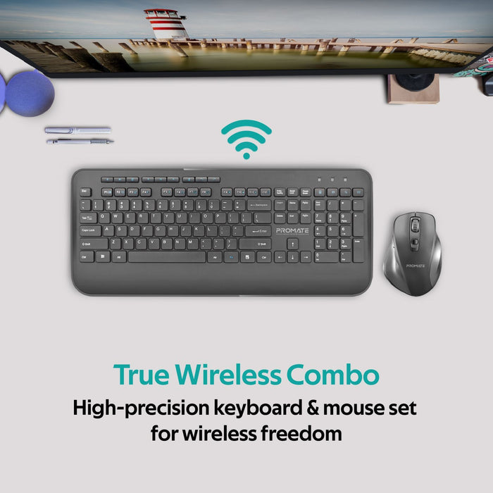 PROMATE Wireless Ergonomic Keyboard & Contoured Mouse. Sleek Tactical Full Size