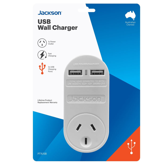 JACKSON Single Plug USB Wall Charger, 2x USB Charging Outlets (2.1A total) Power