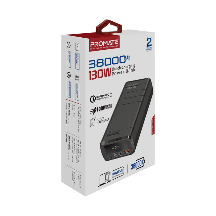 PROMATE 38000mAh 130W Quick Charging PowerBank with 100W PD. Charge Laptops, Tab