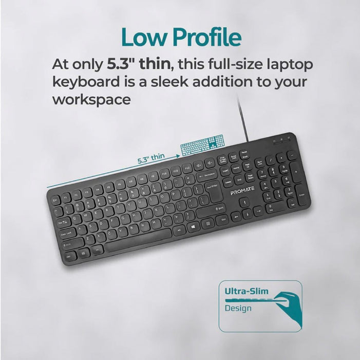 PROMATE Ultra-Slim Wired Keyboard with Angled Kickstand. Dedicated Volume Contro