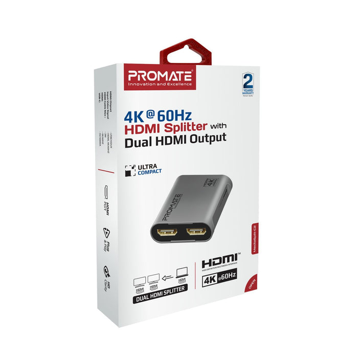 PROMATE HDMI Splitter with Dual HDMI Ports. Supports up to 4K@60Hz Play Content