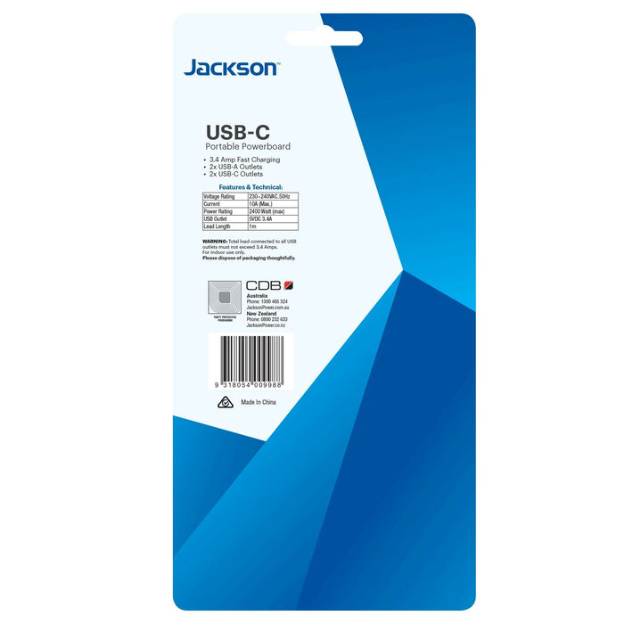 JACKSON 3.4A Portable Powerboard 2x USB & 2x USB-C Ports Plus 1x 3-Pin Socket