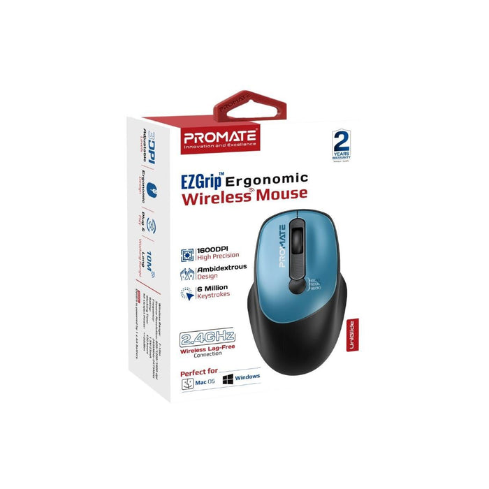 PROMATE EZGrip Ambidextrous Ergonomic Wireless Mouse. 800/1200/1600Dpi, Easy Plu