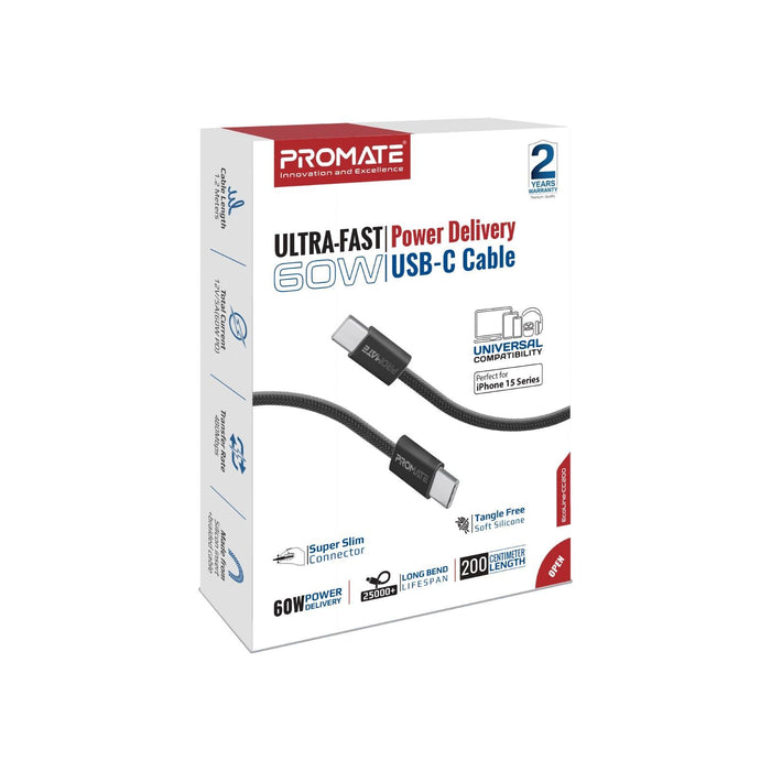 PROMATE 2m USB-C to USB-C Cable with Fabric Braided Cable. Supports 60W PD. 2500