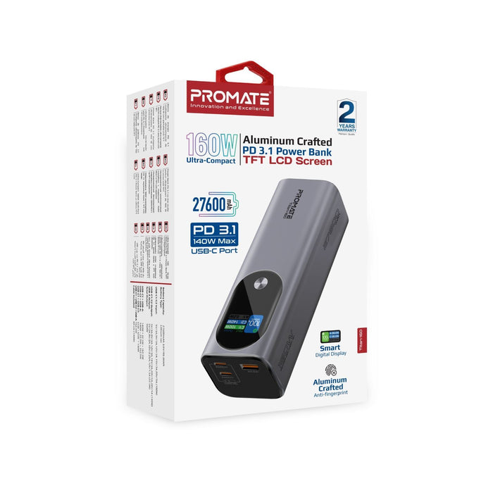 PROMATE 27600mAh 160W Ultra Compact Aluminium PD3.1 Power Bank with LCD Screen.