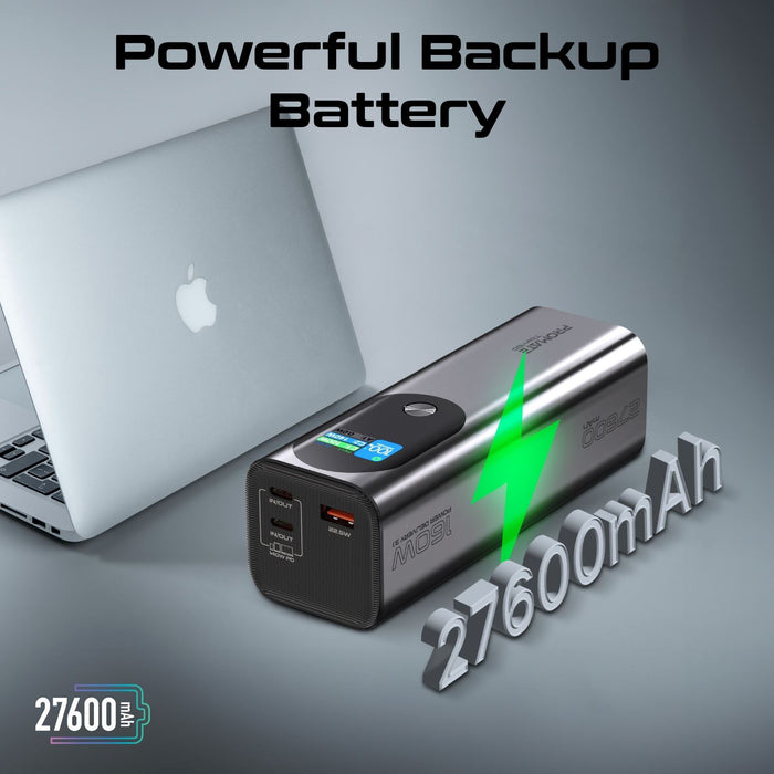 PROMATE 27600mAh 160W Ultra Compact Aluminium PD3.1 Power Bank with LCD Screen.