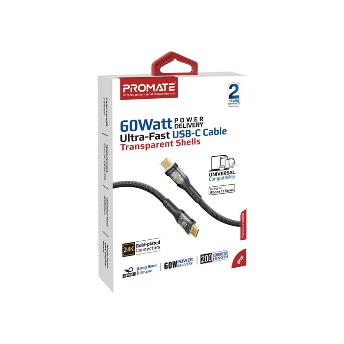 PROMATE 2m USB-C to USB-C Cable with Transparent Connectors & LED''s Supports 60