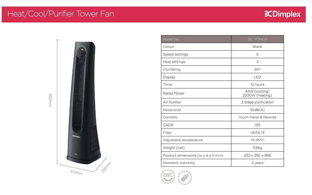Dimplex Heater Fan Year Round Heat & Cool + Purifier Tower Fan DCTF3HCP