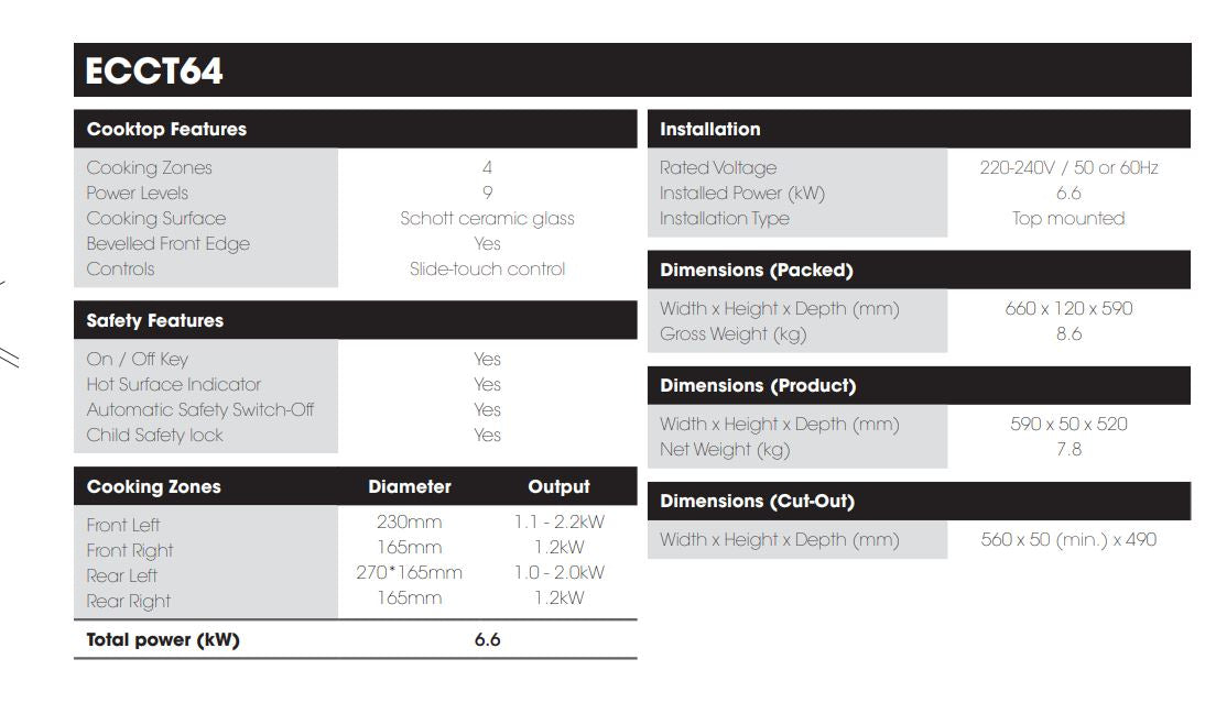 Euromaid 60cm Ceramic Cooktop with 4 Zones and Slide Touch Control Black