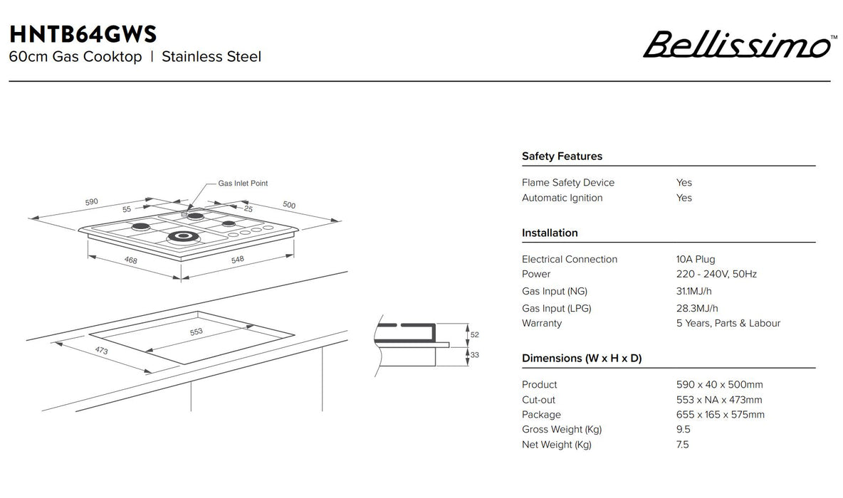 Bellissimo 60cm Gas cooktop Hob