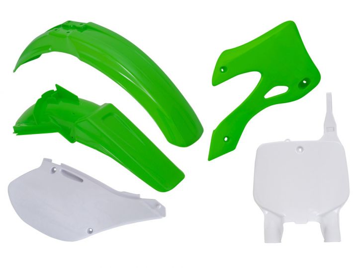 PLASTIC KIT RTECH FRONT &amp; REAR FENDERS SIDEPANELS &amp; RADIATOR SHROUDS&amp; FRONT NUMBERPLATE KX125 KX250