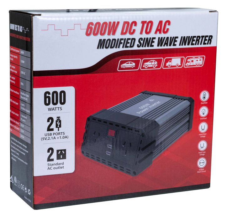 DYNAMIX 600W Power Inverter Input: 13.5V DC, Output: 230V AC. Two USB power port