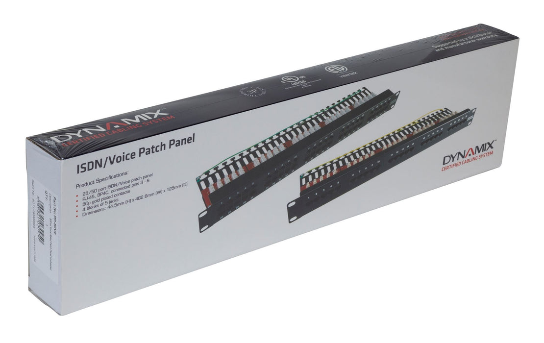 DYNAMIX 50 Port 19'' Voice Rated Patch Panel Unshielded. Cat3 Rated, Active pins