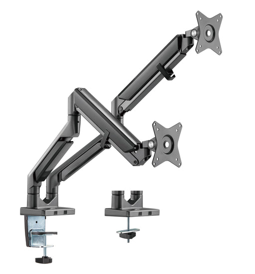 BRATECK 17''-32'' Polished Aluminium Gas-Spring Desk Mount Duel Monitor Arm. Sup