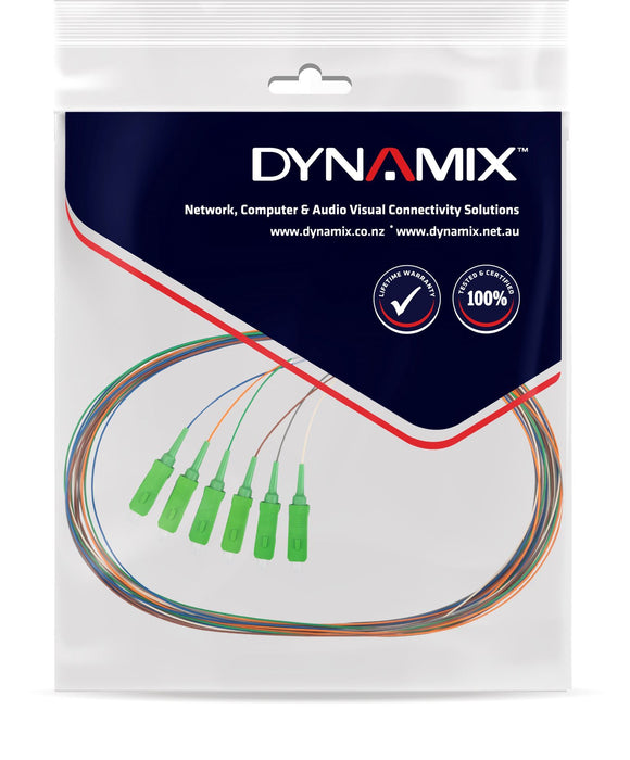 DYNAMIX 2M SC APC Pigtail G657A1 6 Pk Colour Coded, 900um Single-mode Fibre