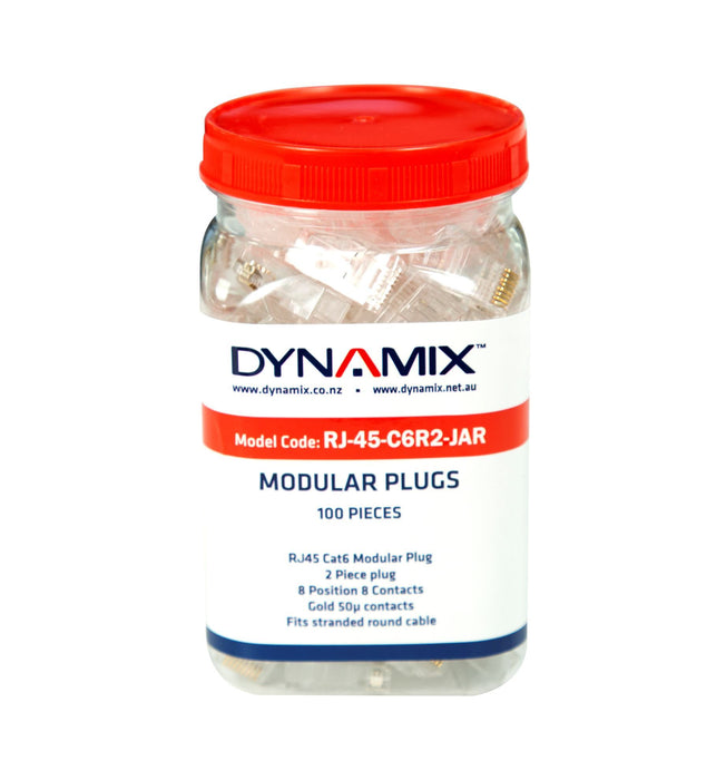 DYNAMIX Cat6 RJ45 Plug 100pc Jar, 8P8C 2 Piece Modular Plug (Rounded Stranded).