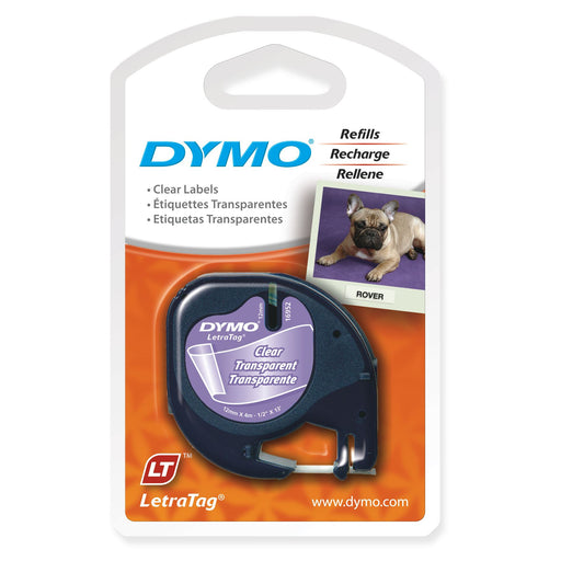 DYMO Genuine LetraTag Labeller Plastic Tape 12mm x 4M. Black on Clear, Tear-res