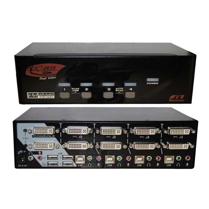 REXTRON 4 Port Dual-View DVI/USB KVM Switch with Audio. Colour Black.