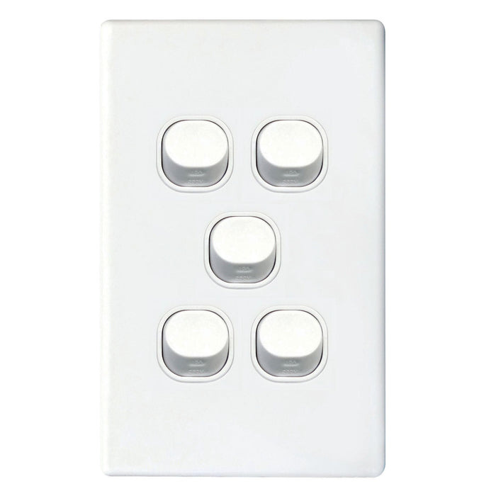 TRADESAVE Slim 16A 2-Way Vertical 5 Gang Switch. Moulded in Flame Resistant Poly