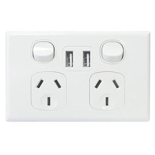 TRADESAVE Double 10A Horizontal Powerpoint with Twin USB Ports. Combined USB Out