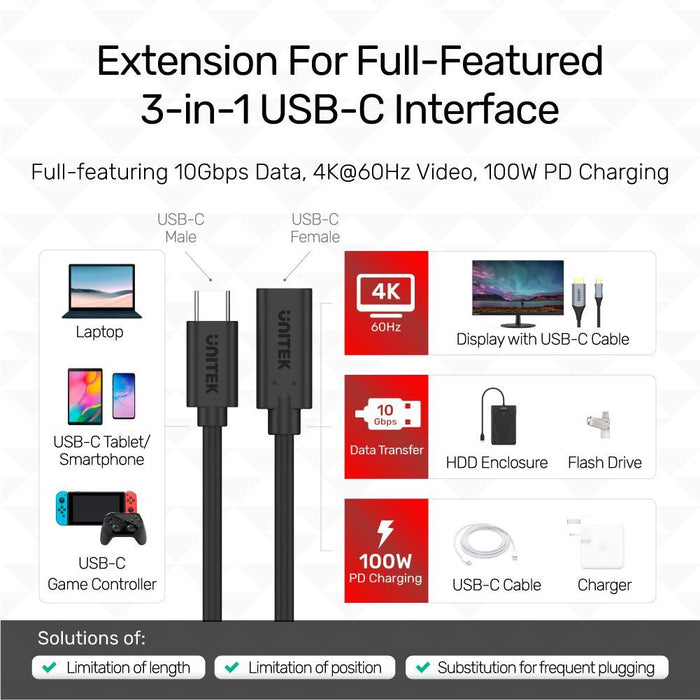 UNITEK 0.5m USB 3.1 USB-C Male to USB-C Female Extension Cable. Supports Data Tr