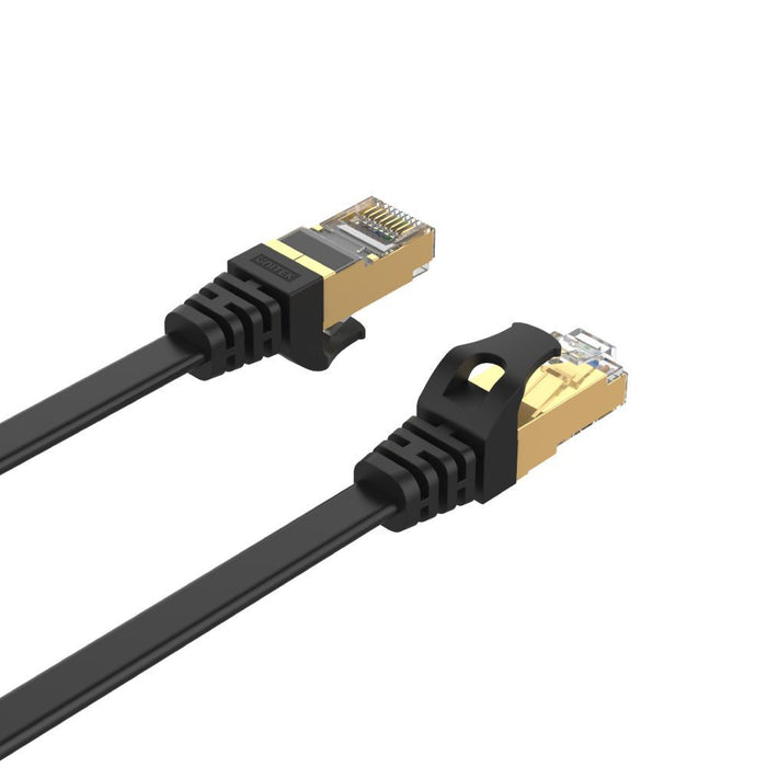 UNITEK 10m CAT 7 Black Flat SSTP 32AWG Patch Lead in PVC Jacket. 500MHz, Gold-pl