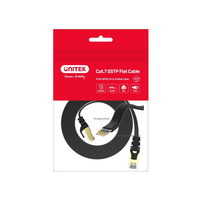 UNITEK 10m CAT 7 Black Flat SSTP 32AWG Patch Lead in PVC Jacket. 500MHz, Gold-pl