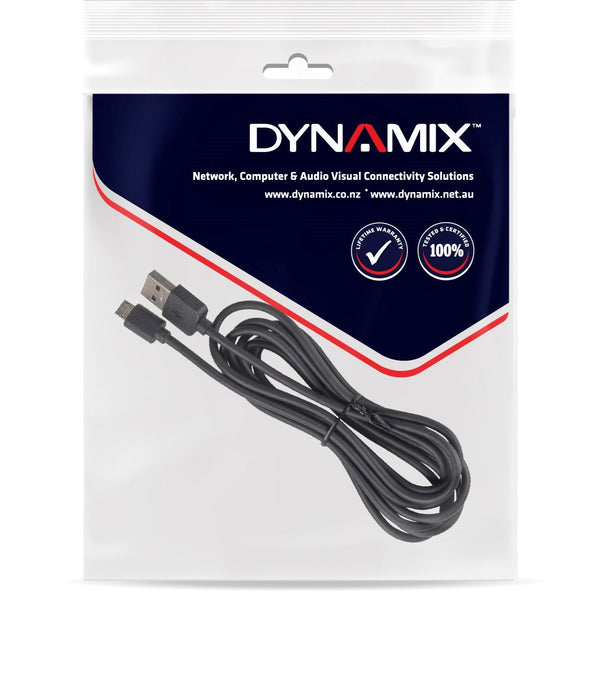 DYNAMIX 2m USB 2.0 Micro-B Male to USB-A Male Connectors. Colour Black.