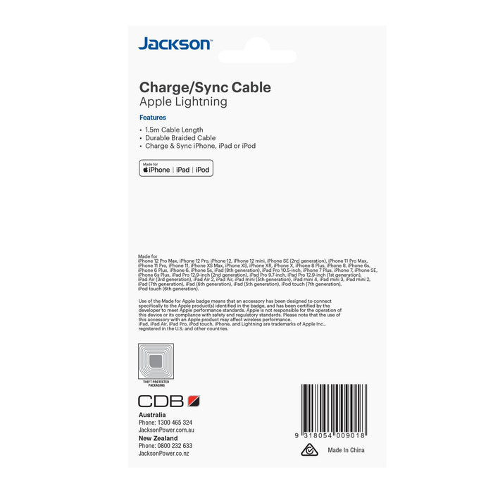 JACKSON 1.5m MFI Certified Apple USB-A to Lightning Data and Charge Cable