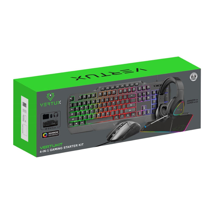 VERTUX 4-in-1 Gaming Starter Kit. Includes Backlit Wired Gaming Keyboard; LED Mo