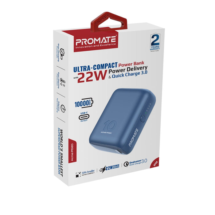 PROMATE 10000mAh Ultra-Mini Power Bank with USB-C Input. Simultaneous Charging v