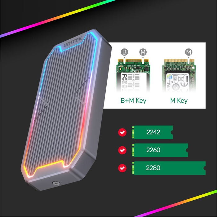 UNITEK USB-C to M.2 SSD Enclosure with RGB Lights in Alloy Housing. Supports USB