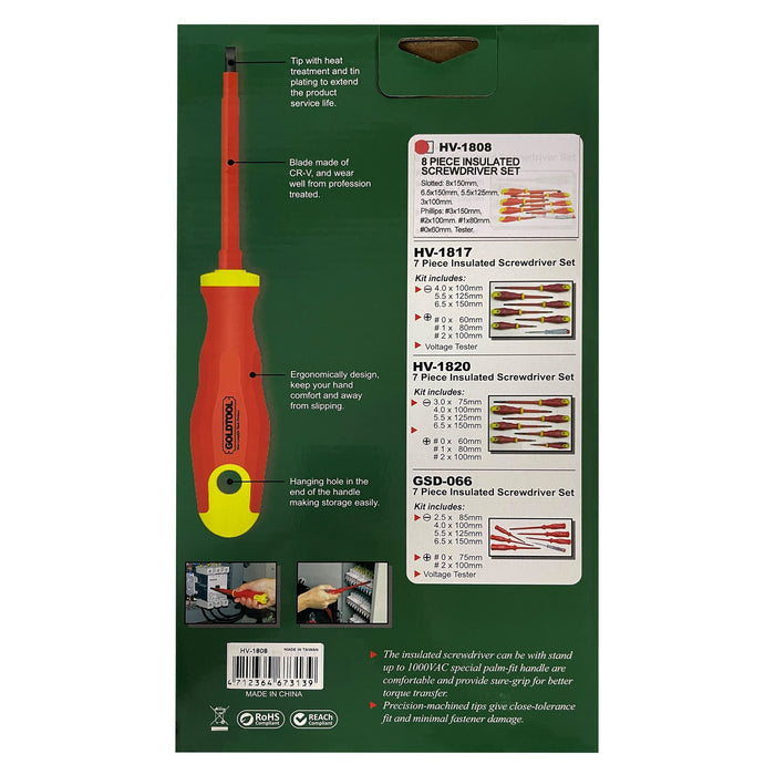 GOLDTOOL 8-Piece Electrical Insulated Screwdriver Set, Ergonomically Designed Ha