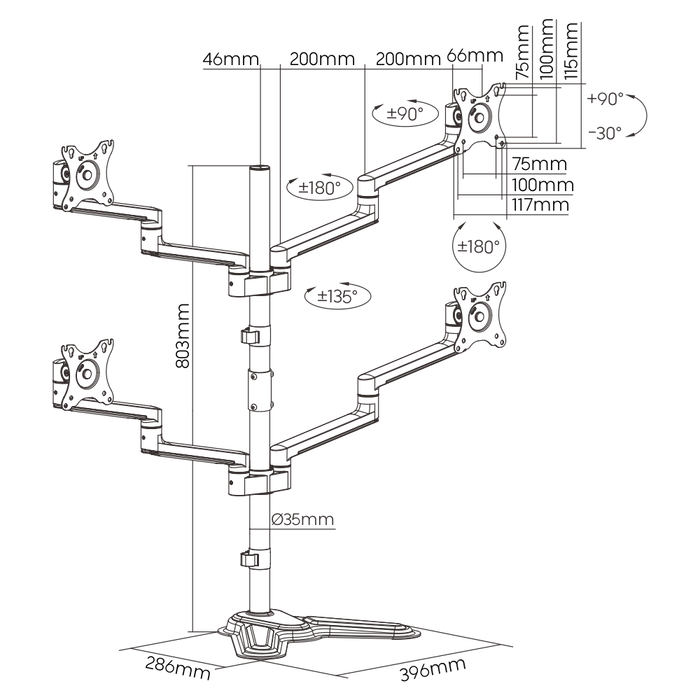 BRATECK 17"-32" Quad Arm Premium Articulating Monitor Stand. Arm Extension 447mm