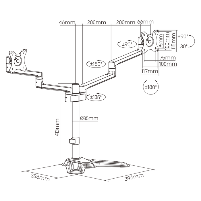 BRATECK 17"-32" Dual Arm Premium Articulating Monitor Stand. Arm Extension 447m