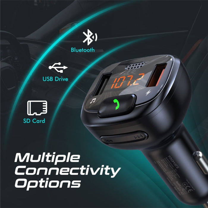 PROMATE Wireless In-Car FM Transmitter with Handsfree & QC3.0. Bult-in Mic; Blue