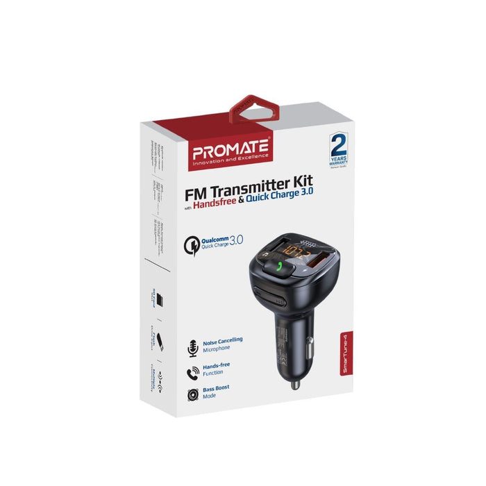 PROMATE Wireless In-Car FM Transmitter with Handsfree & QC3.0. Bult-in Mic; Blue