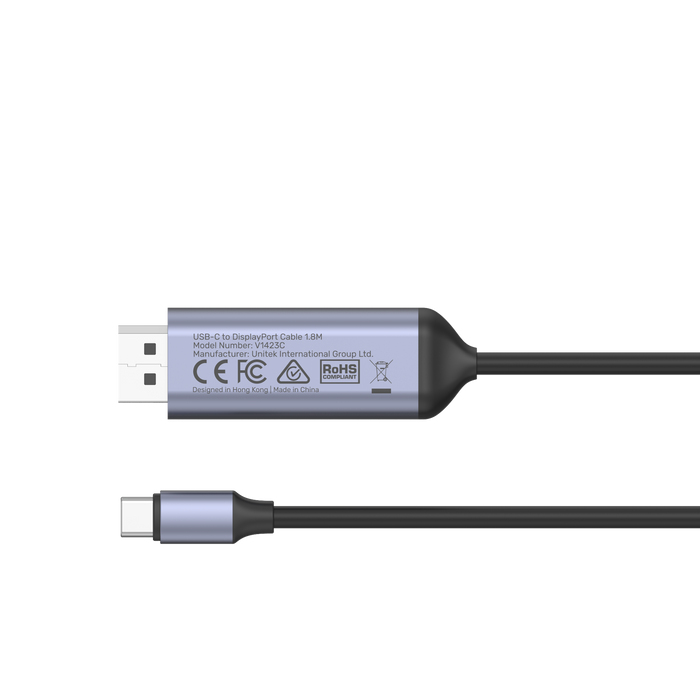 UNITEK 1.8m USB-C DisplayPort 1.4 Cable in Aluminium Housing. Supports Res up to