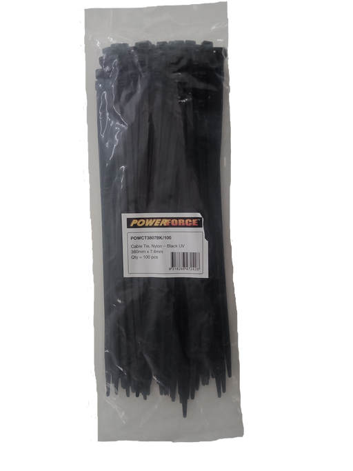 POWERFORCE Cable Tie Black UV 380mm x 7.6mm Weather Resistant Nylon. Pack of 100