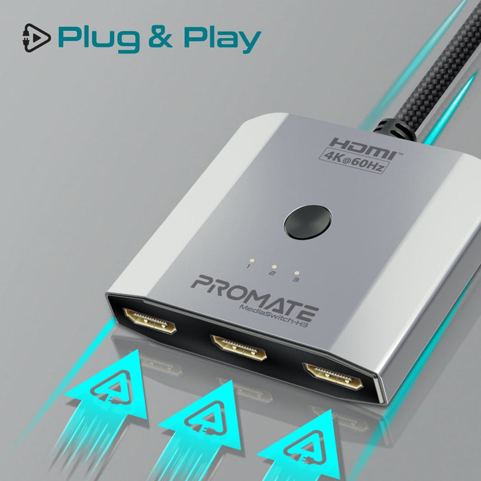 PROMATE 3-in-1 Triple HDMI Switch with 0.5m Cable. Supports 4K@60Hz. Manual Swit