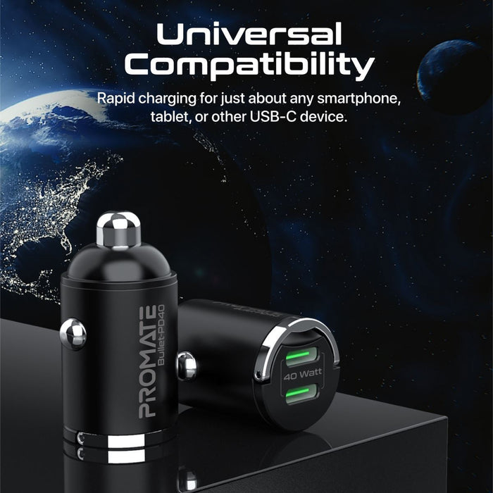 PROMATE Micro In-Car Phone Charger with 2x USB-C 20W Power Delivery. Includes Ea