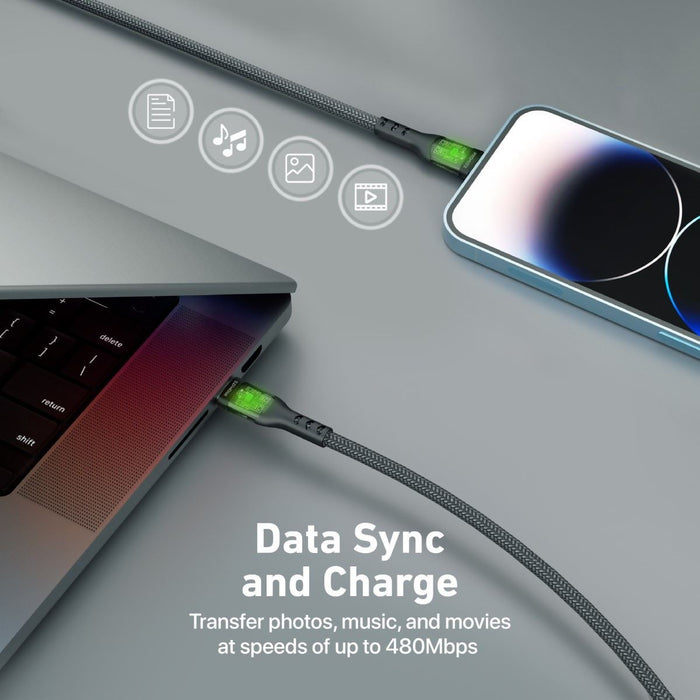 PROMATE 1.2m USB-C to Lightning Cable with Transparent Connectors & LED''s. Supp