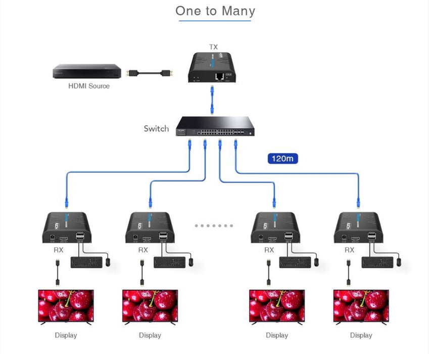 LENKENG HDMI KVM Extender Over Single Cat5E/6 Cable Up to 120M. Point to Multipo