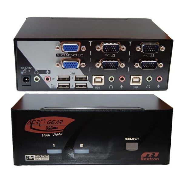 REXTRON Dual View 2 Port VGA/USB KVM Switch with Audio.