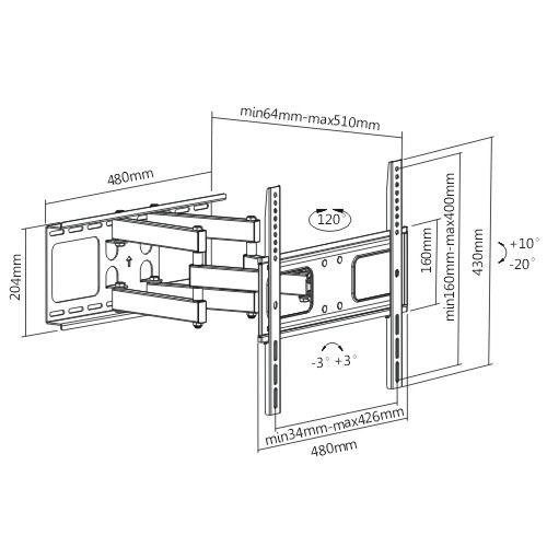 BRATECK 32''-55'' Full motion bracket Max load: 50Kgs. VESA support: 200x200,300