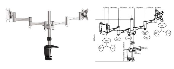 BRATECK 13"-27" Dual Monitor Desk Mount. Max Load: 8kg per Arm. Extend,Tilt and