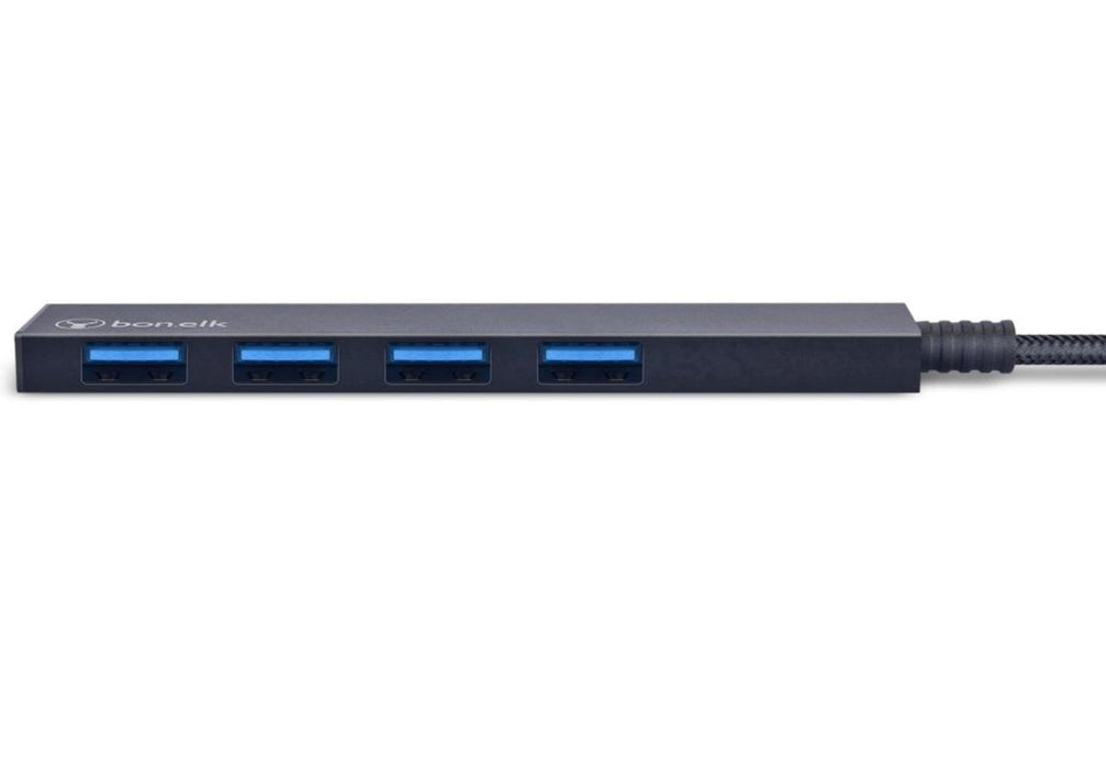 Bonelk Long-Life USB-A to 4 Port USB 3.0 Slim Hub (Black)