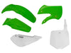 PLASTIC KIT RTECH FRONT/REAR FENDER &amp;RADIATORSHROUD GREEN SIDEPANEL &amp;FRONT NUMBERPLATE KAWASAKI KX65