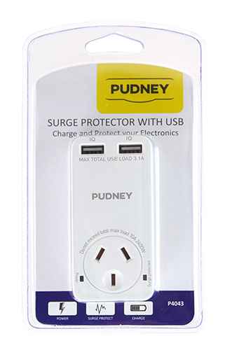 Pudney Single Surge Protector With 3.1A 2X Usb Ports